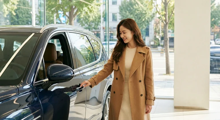 장기렌트 가격비교 후 패밀리카를 계약하고 차량 인수를 준비하는 여성 고객