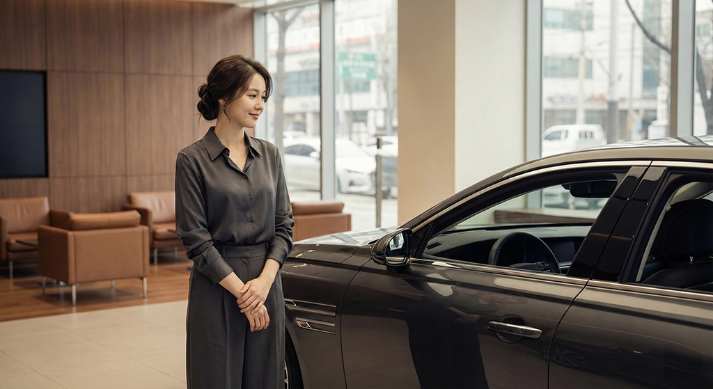 장기렌트 가격비교로 리스와 할부의 5년 총비용을 비교하며 고민하는 직장인 여성 고객